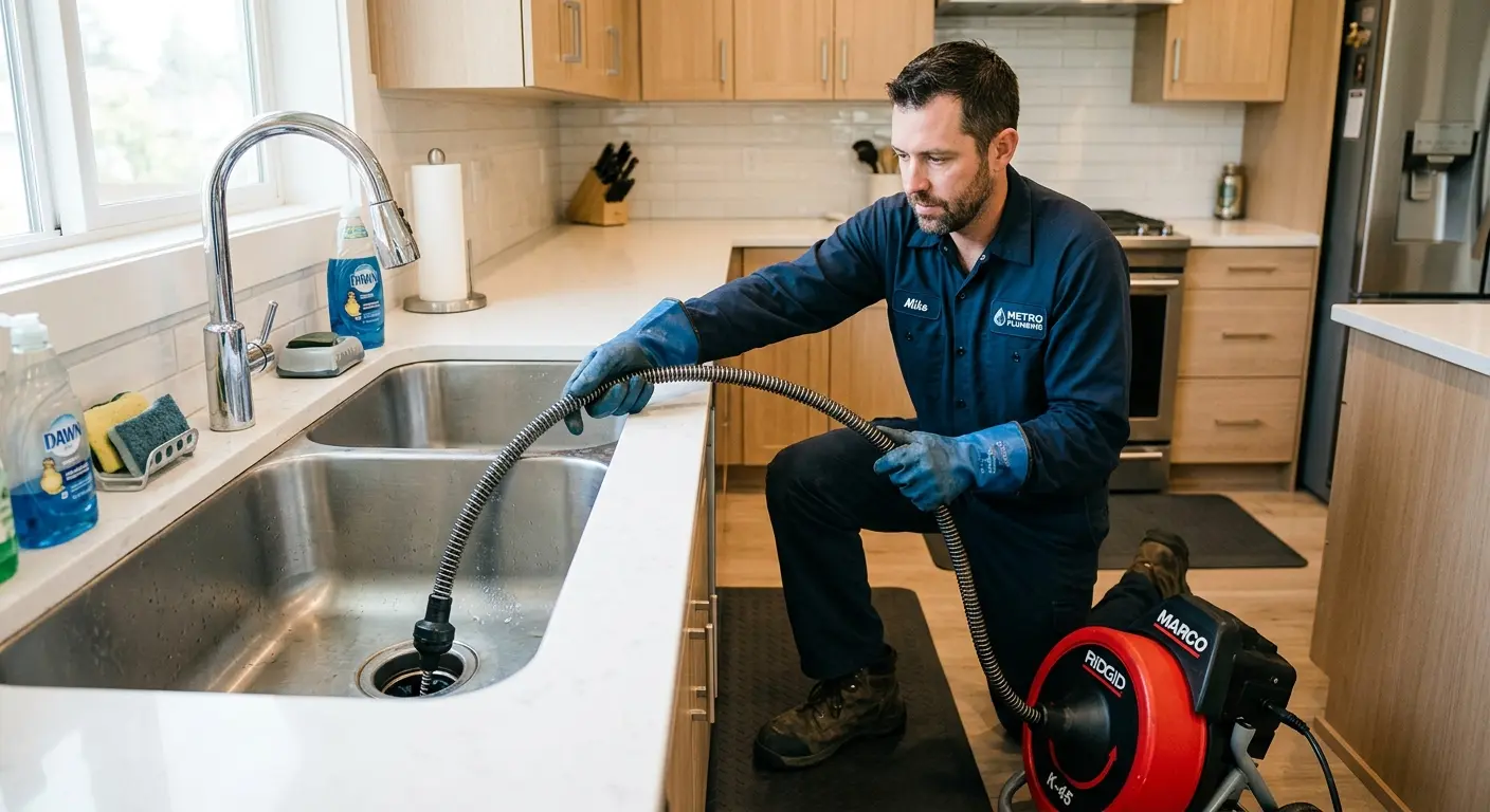 Drain cleaning technician using a motorized snake on a kitchen sink in Trinidad