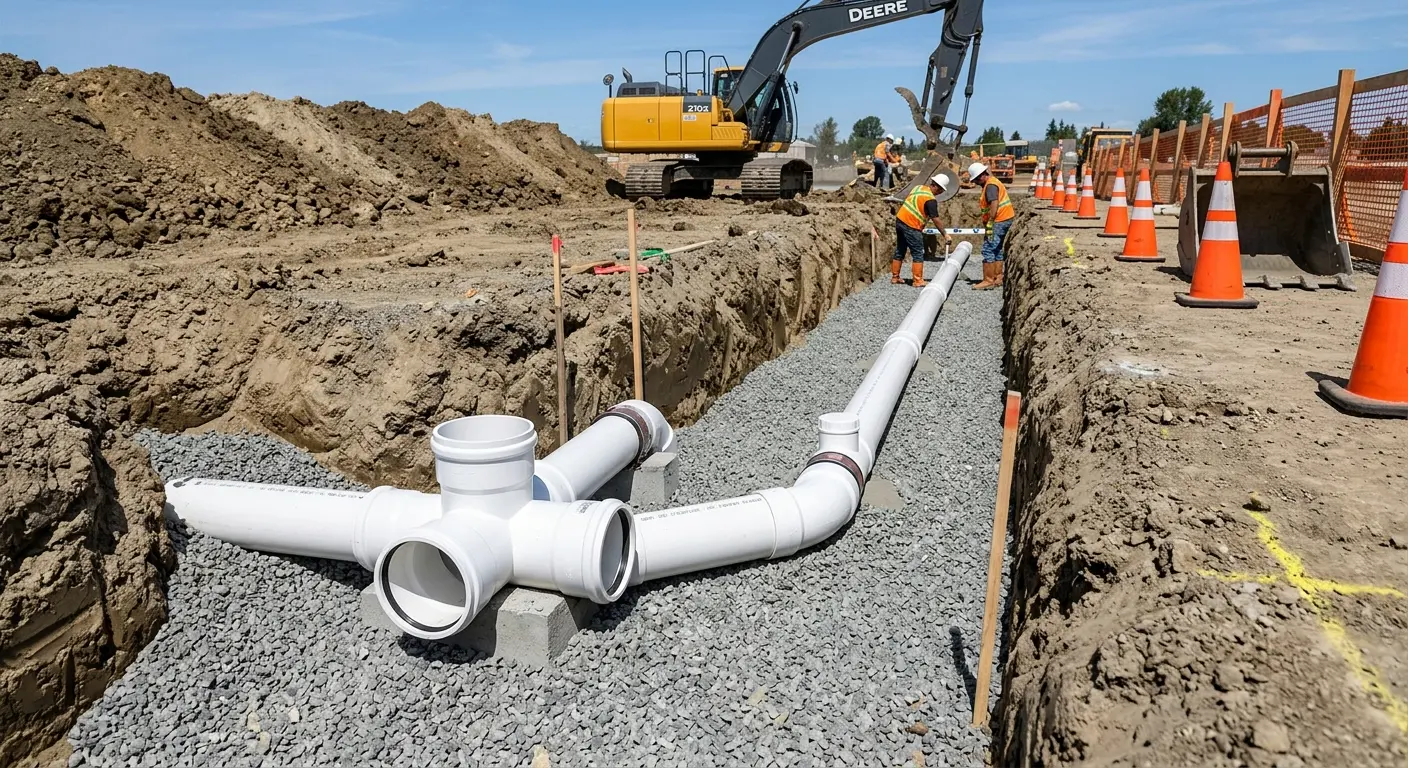 New PVC sewer pipe installation in open trench for Sewer Backup in Trinidad