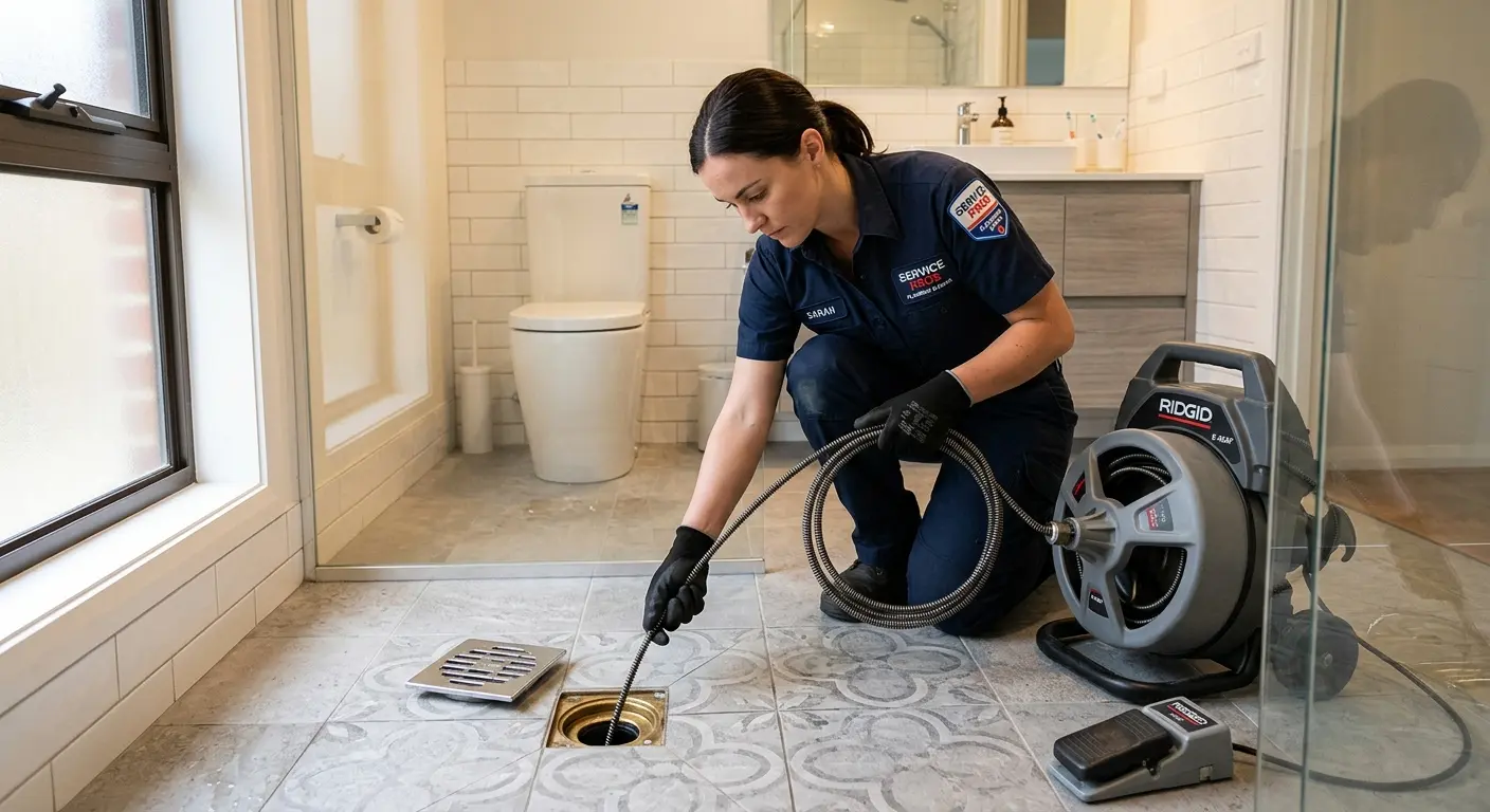 Technician clearing a bathroom floor drain for Clogged Drain Repair in Trinidad
